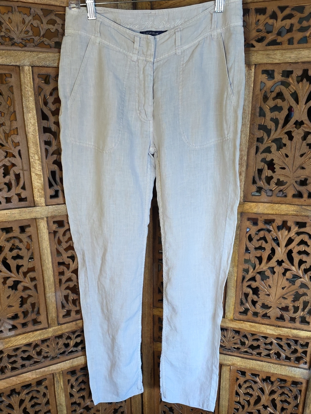 Light Gray Straight-Leg Linen Blend Pants